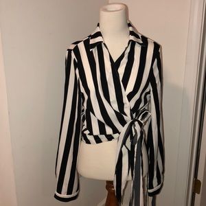 Monochrome stripe wrap front tie blouse